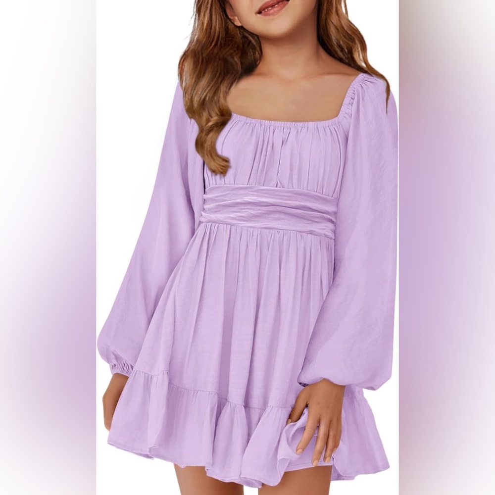 Charming Lilac Long Sleeve Kids Dress with Adjustable Self-tie Back